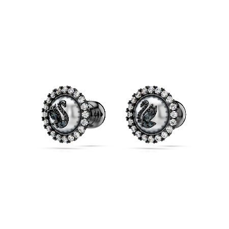 Resim Swarovski Swan düğme Küpeler, Kristal inci, Kuğu, Gri, Rutenyum kaplama