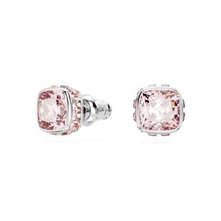 Resim Birthstone düğme Küpeler, Kare kesim, Haziran, Pembe, Rodyum kaplama