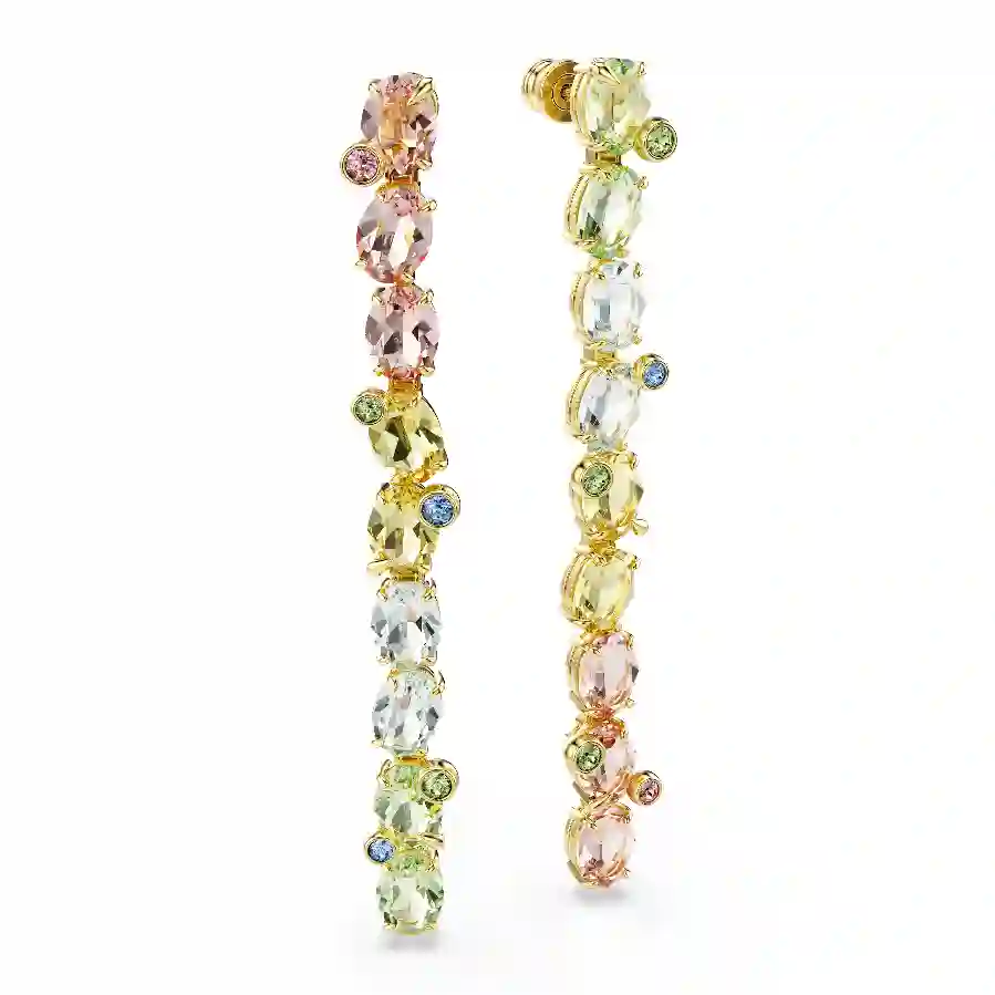 Resim Gema damla küpeler, Asimetrik tasarım, Karışık kesimler, Uzun, Çok renkli, Altın rengi kaplama