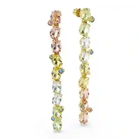 Resim Gema damla küpeler, Asimetrik tasarım, Karışık kesimler, Uzun, Çok renkli, Altın rengi kaplama