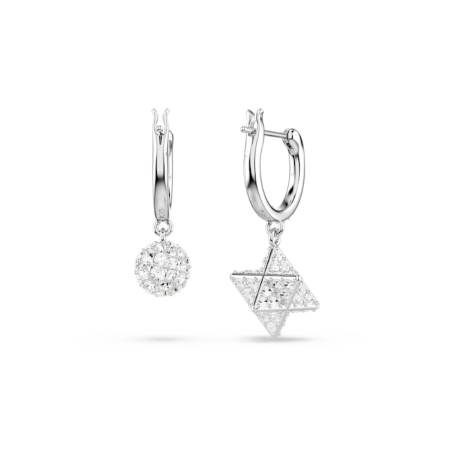 Resim Dextera damla küpeler, Asimetrik tasarım, Yuvarlak kesim, Yıldız ve küre, Beyaz, Rodyum kaplama