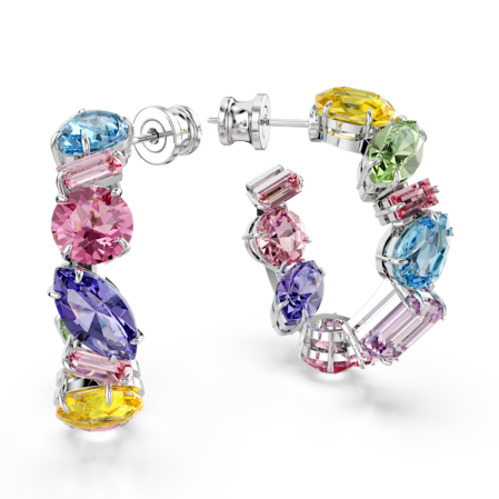 Resim Gema halka küpeler, Asimetrik tasarım, Karışık kesimler, Küçük, Çok renkli, Rodyum kaplama