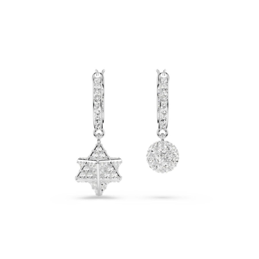 Resim Dextera damla küpeler, Asimetrik tasarım, Yuvarlak kesim, Yıldız ve küre, Beyaz, Rodyum kaplama