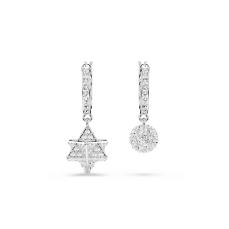 Resim Dextera damla küpeler, Asimetrik tasarım, Yuvarlak kesim, Yıldız ve küre, Beyaz, Rodyum kaplama