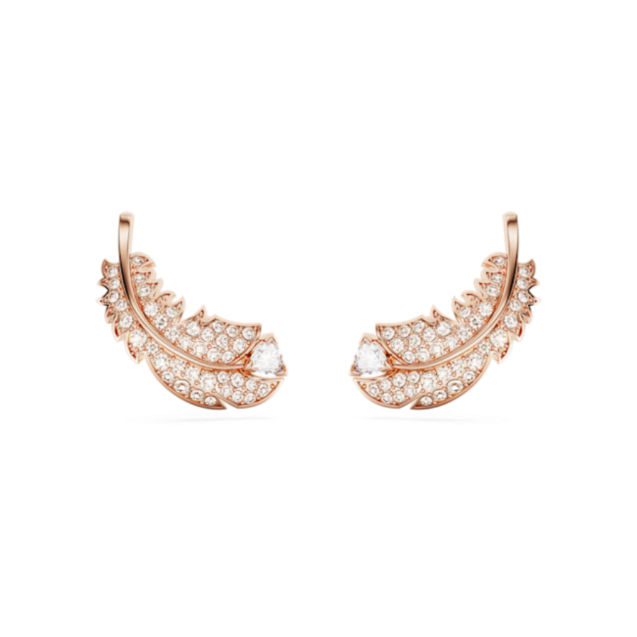 Resim Nice düğme Küpeler, Tüy, Beyaz, Pembe altın rengi kaplama