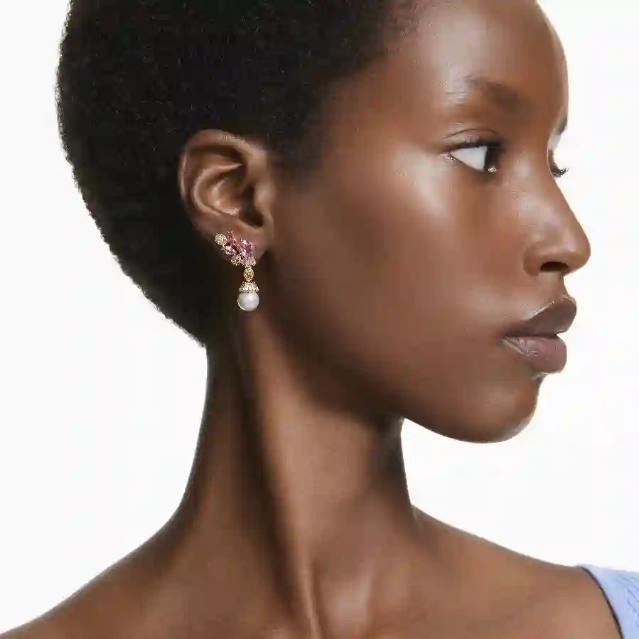 Resim Gema damla küpeler, Karışık kesimler, Kristal inciler, Çiçek, Pembe, Altın rengi kaplama