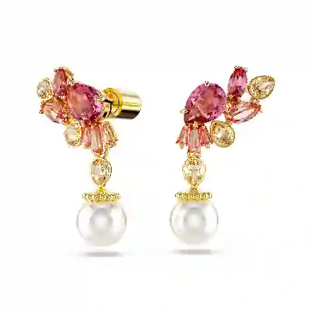 Resim Gema damla küpeler, Karışık kesimler, Kristal inciler, Çiçek, Pembe, Altın rengi kaplama