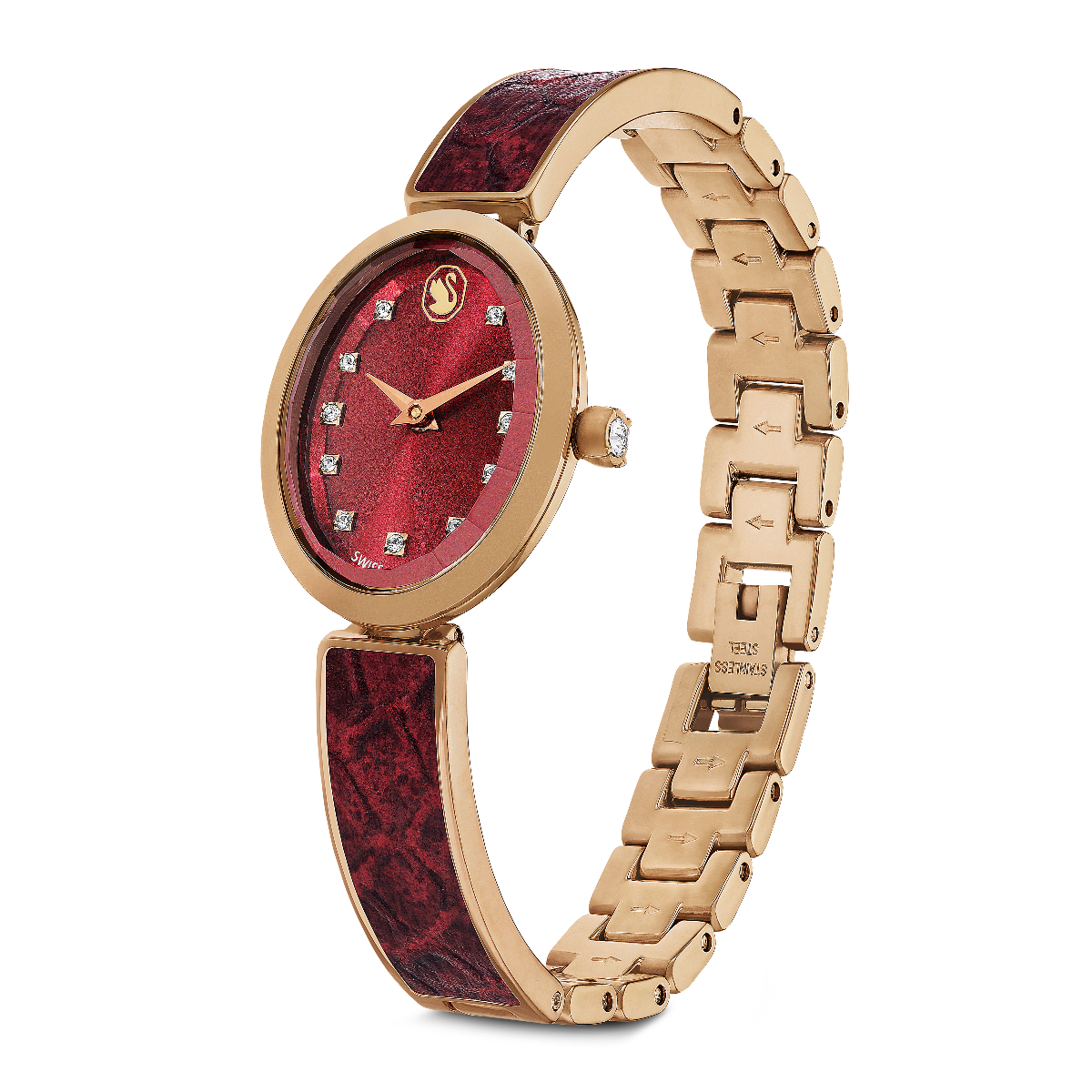 Resim Crystal Rock oval Saat, İsviçre Üretimi, Metal bileklik, Kırmızı, Pembe altın rengi yüzey