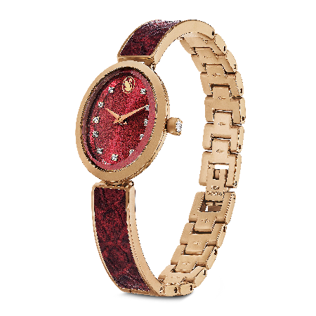 Resim Crystal Rock oval Saat, İsviçre Üretimi, Metal bileklik, Kırmızı, Pembe altın rengi yüzey