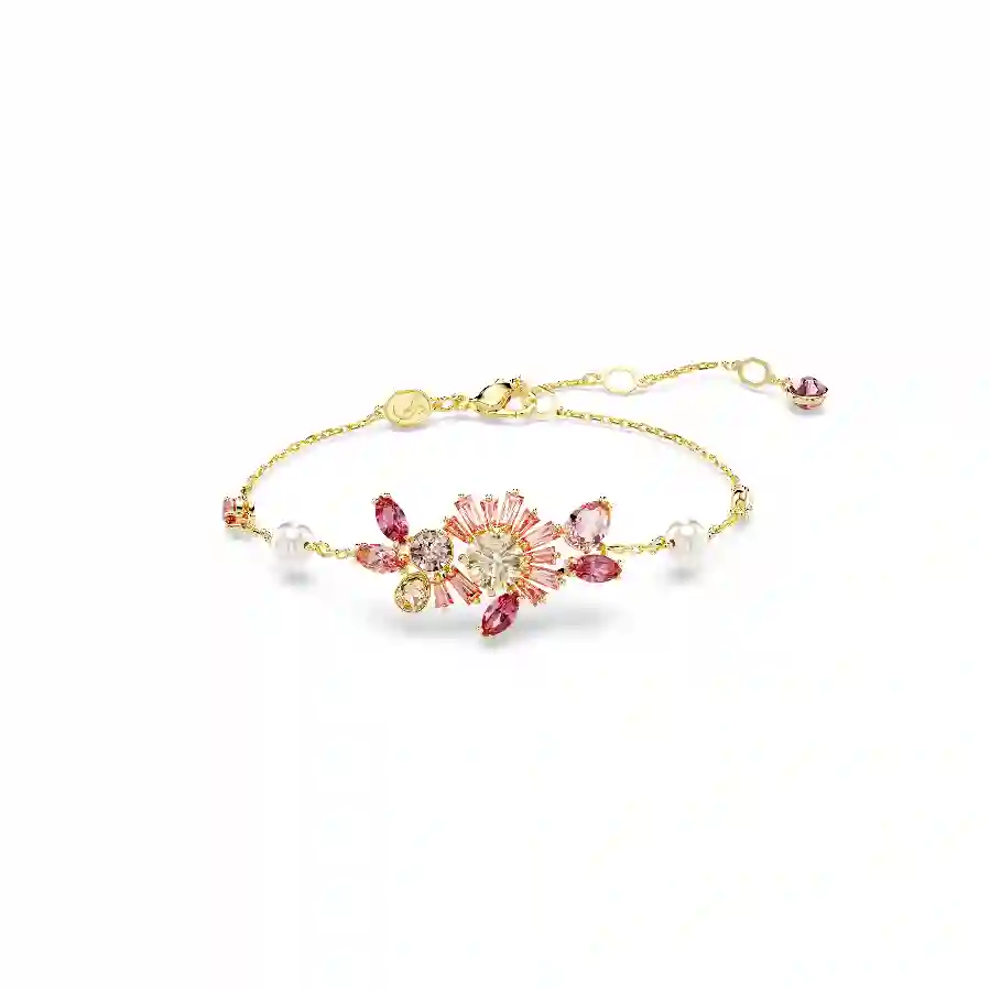 Resim Gema Bileklik, Kristal inci, Karışık kesimler, Çiçek, Pembe, Altın rengi kaplama