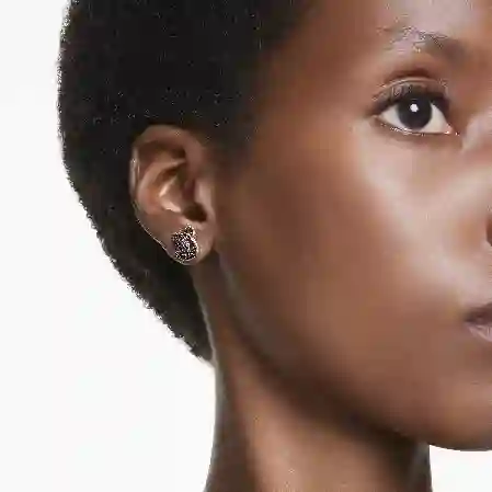 Resim Swan düğme Küpeler, Kristal inci, Kuğu, Siyah, Pembe altın rengi kaplama