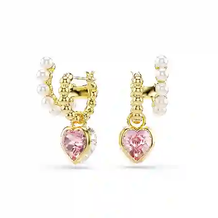 Resim Imber halka küpeler, Kristal inci, Kalp kesim, Kalp, Pembe, Altın rengi kaplama