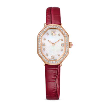Resim Dextera Octagon Saat, İsviçre Üretimi, Deri kayış, Kırmızı, Pembe altın rengi yüzey
