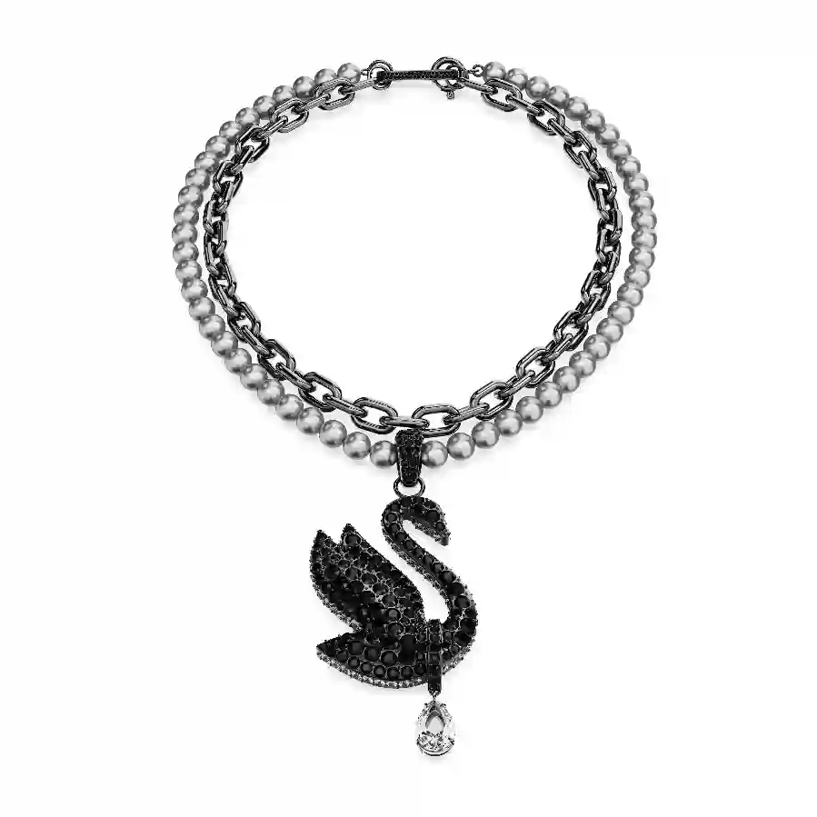 Resim Swan Gerdanlık ve broş, Kristal inci, Kuğu, Siyah, Rutenyum kaplama