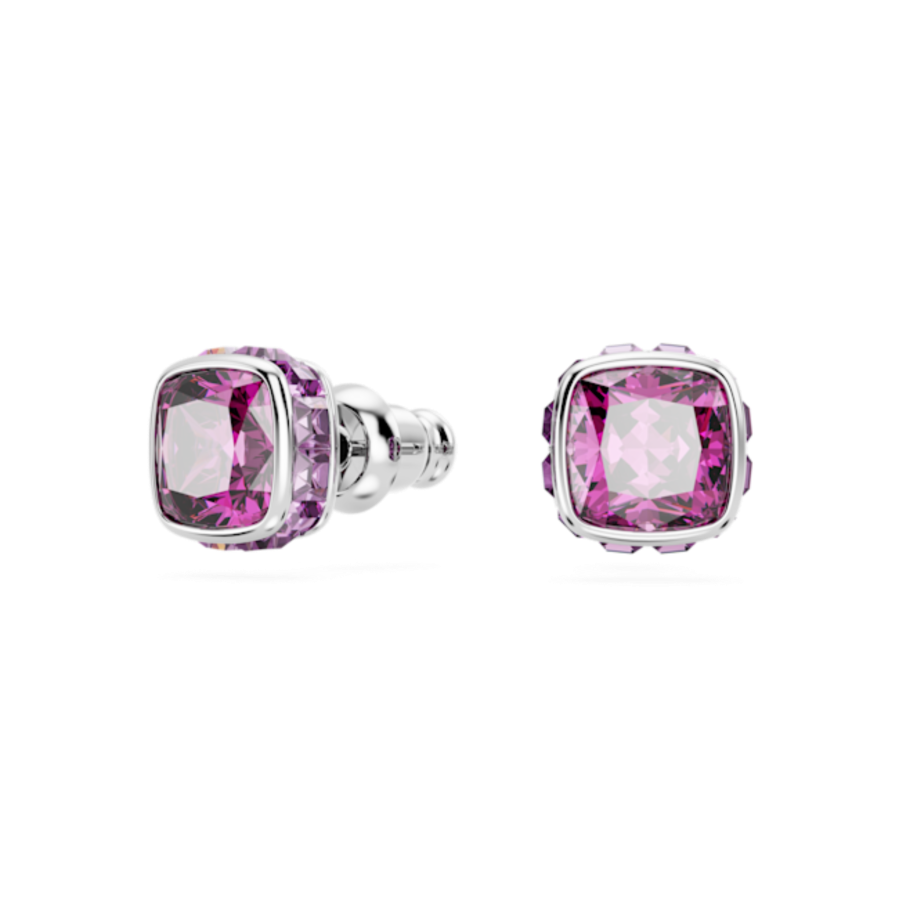 Resim Birthstone düğme Küpeler, Kare kesim, Şubat, Mor, Rodyum kaplama