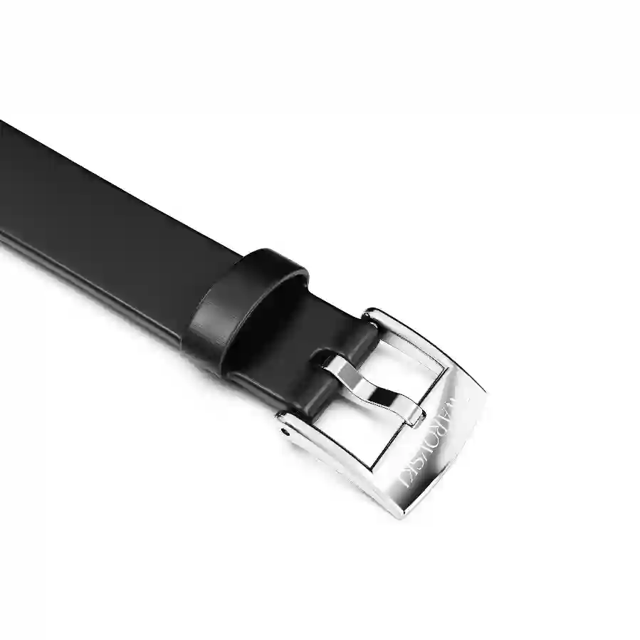 Resim Saat kordonu, 12mm. (0.47 inç) genişlik, Deri, Siyah, Paslanmaz çelik