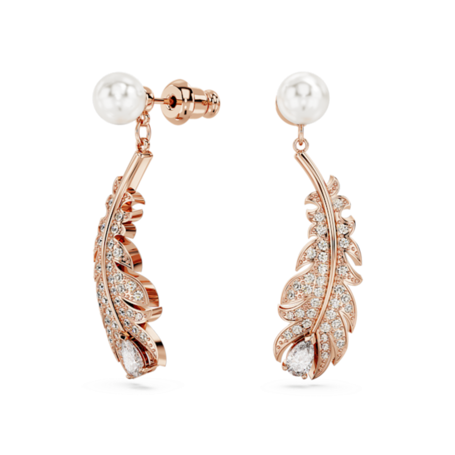 Resim Nice damla küpeler, Kristal inci, Karışık kesimler, Tüy, Beyaz, Pembe altın rengi kaplama