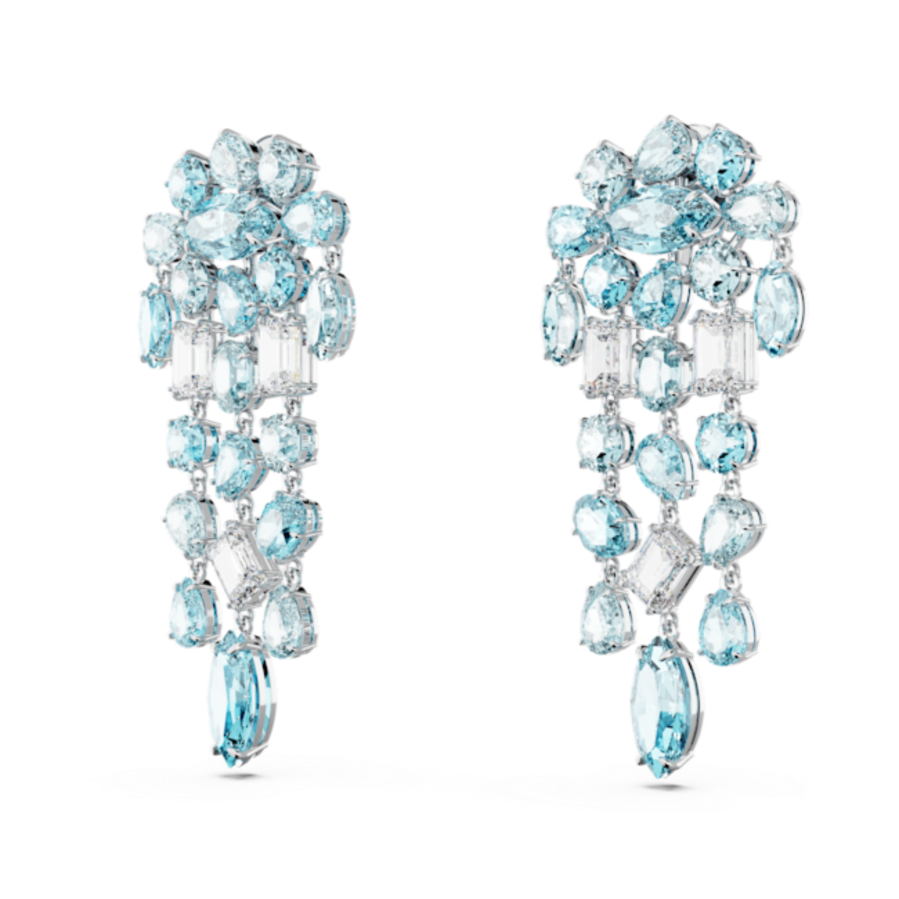 Resim Gema Klipsli Küpeler, Karışık kesim, Avize, Ekstra uzun, Mavi, Rodyum kaplama