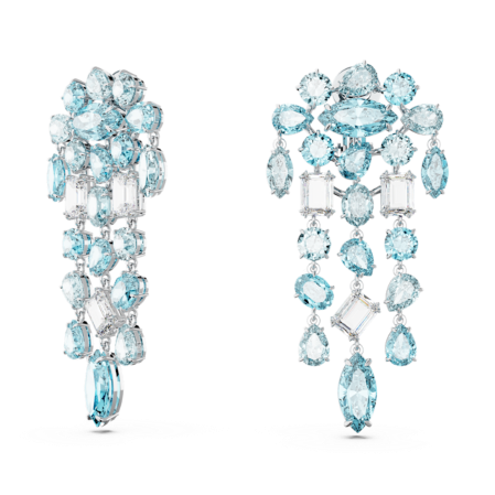 Resim Gema Klipsli Küpeler, Karışık kesim, Avize, Ekstra uzun, Mavi, Rodyum kaplama