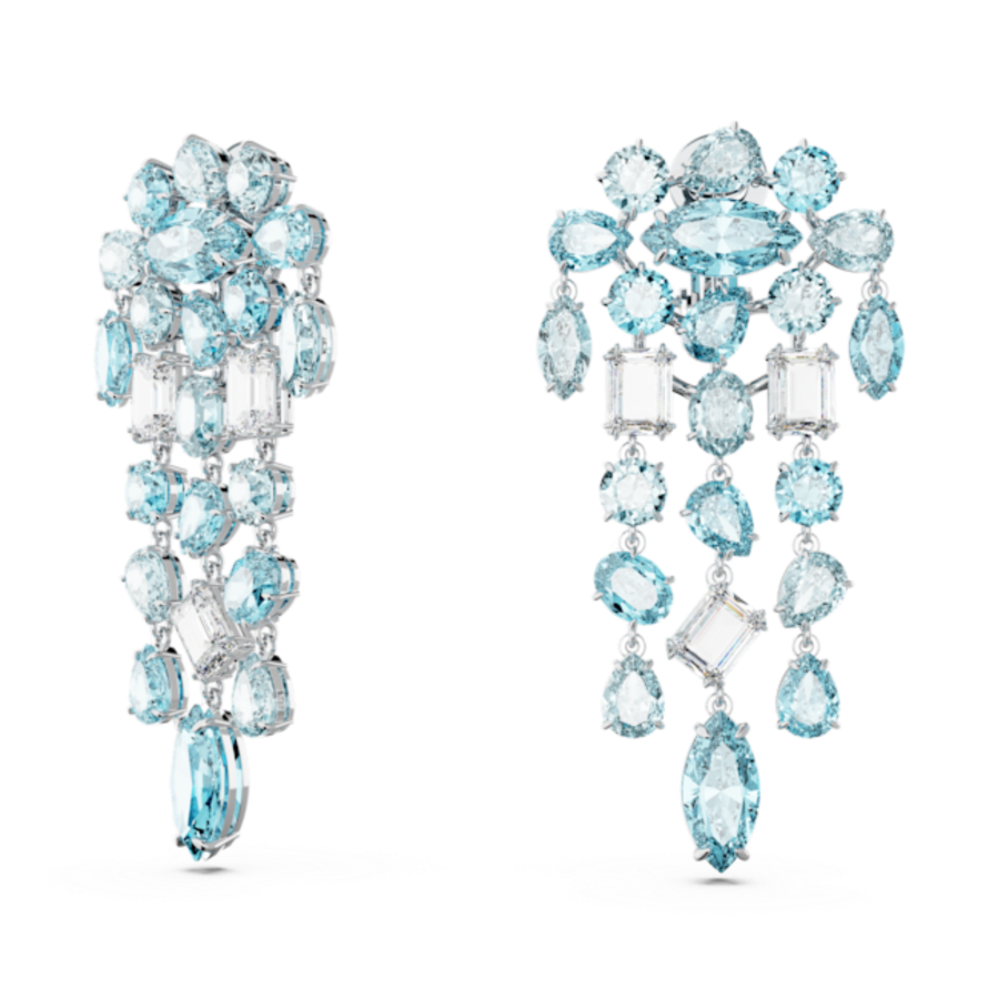 Resim Gema Klipsli Küpeler, Karışık kesim, Avize, Ekstra uzun, Mavi, Rodyum kaplama