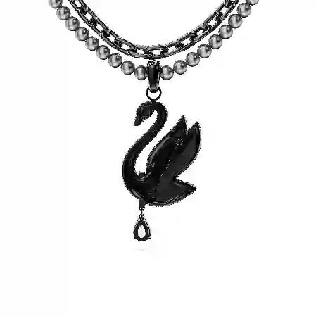 Resim Swan Gerdanlık ve broş, Kristal inci, Kuğu, Siyah, Rutenyum kaplama