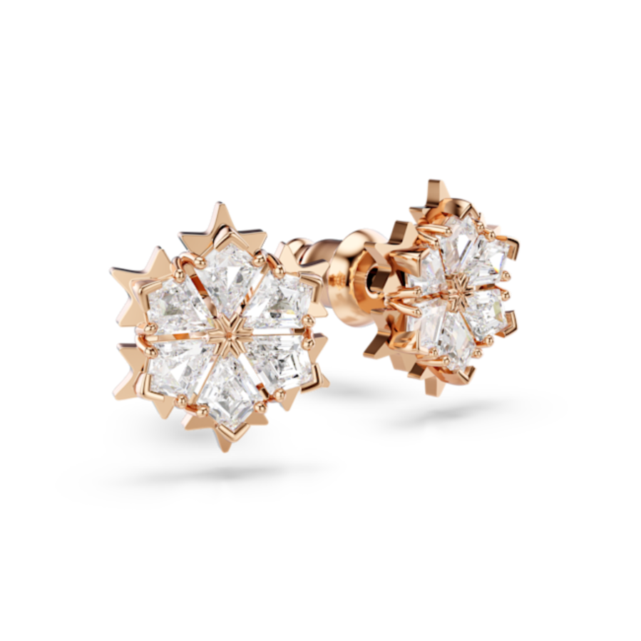 Resim Magic düğme Küpeler, Kar tanesi, Beyaz, Pembe altın rengi kaplama