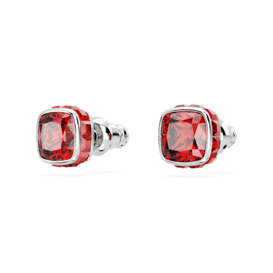 Resim Birthstone düğme Küpeler, Kare kesim, Temmuz, Kırmızı, Rodyum kaplama