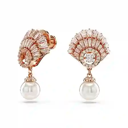 Resim Idyllia damla küpeler, Kristal inci, Deniz Kabuğu, Beyaz, Pembe altın rengi kaplama