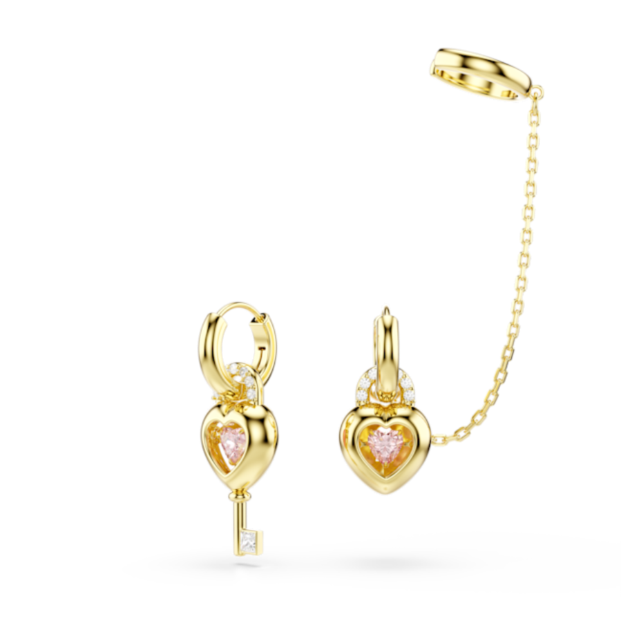 Resim Idyllia Kelepçe küpeli damla küpe, Karışık kesimler, Anahtarlı kalp, Pembe, Altın rengi kaplama