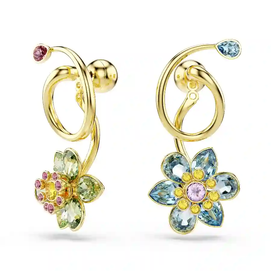 Resim Idyllia damla küpeler, Asimetrik tasarım, Karışık kesimler, Çiçek, Çok renkli, Altın rengi kaplama