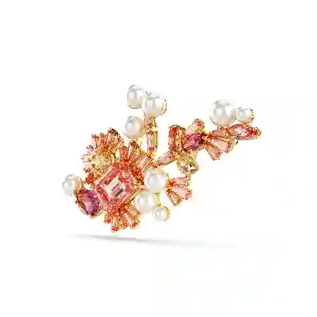 Resim Gema Broş, Kristal inci, Karışık kesimler, Çiçek, Pembe, Altın rengi kaplama