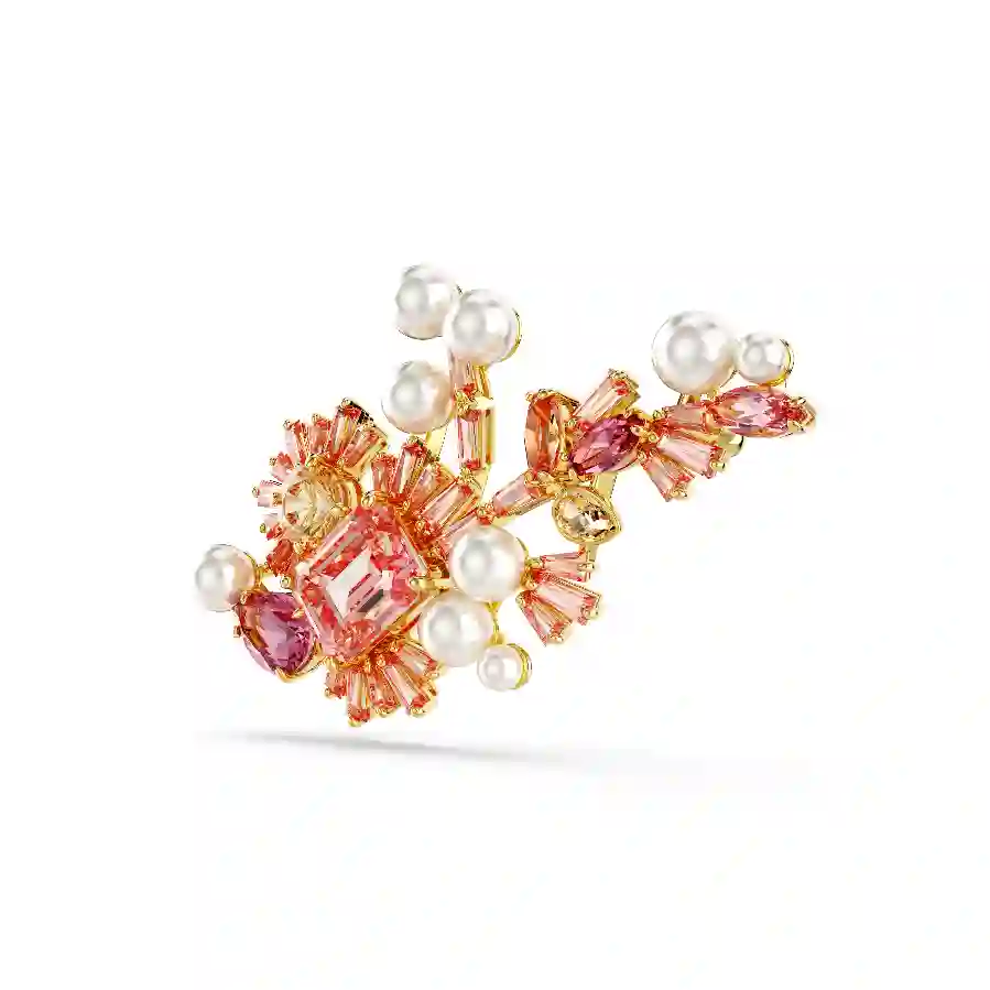Resim Gema Broş, Kristal inci, Karışık kesimler, Çiçek, Pembe, Altın rengi kaplama