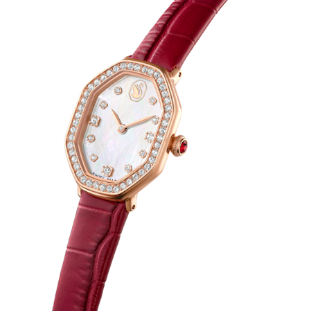 Resim Dextera Octagon Saat, İsviçre Üretimi, Deri kayış, Kırmızı, Pembe altın rengi yüzey