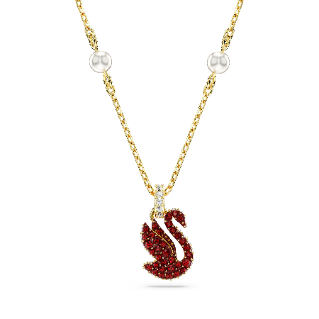 Resim Swarovski Iconic Swan Kolye, Kristal inci, Kuğu, Küçük, Kırmızı, Altın rengi kaplama