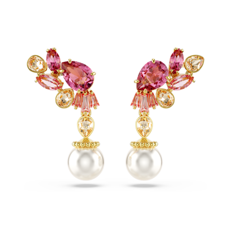 Resim Gema damla küpeler, Karışık kesimler, Kristal inciler, Çiçek, Pembe, Altın rengi kaplama