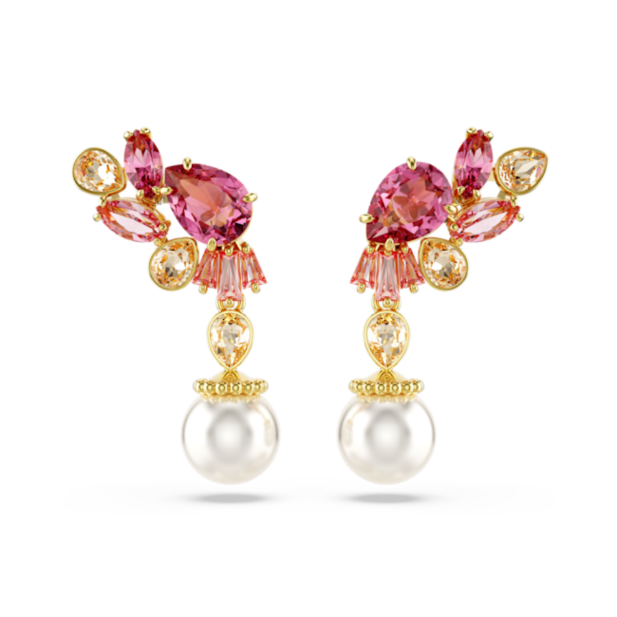 Resim Gema damla küpeler, Karışık kesimler, Kristal inciler, Çiçek, Pembe, Altın rengi kaplama