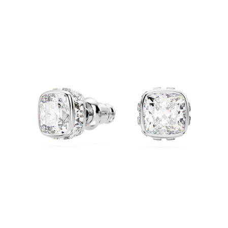 Resim Birthstone düğme Küpeler, Kare kesim, Nisan, Beyaz, Rodyum kaplama