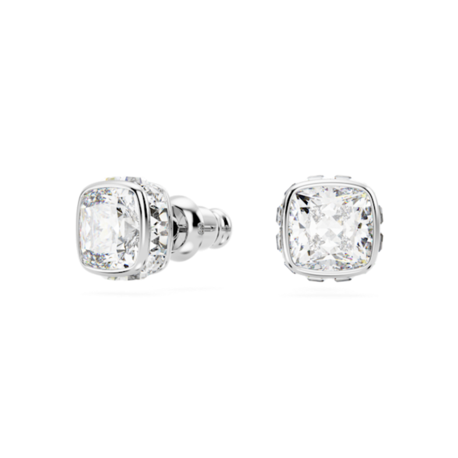 Resim Birthstone düğme Küpeler, Kare kesim, Nisan, Beyaz, Rodyum kaplama