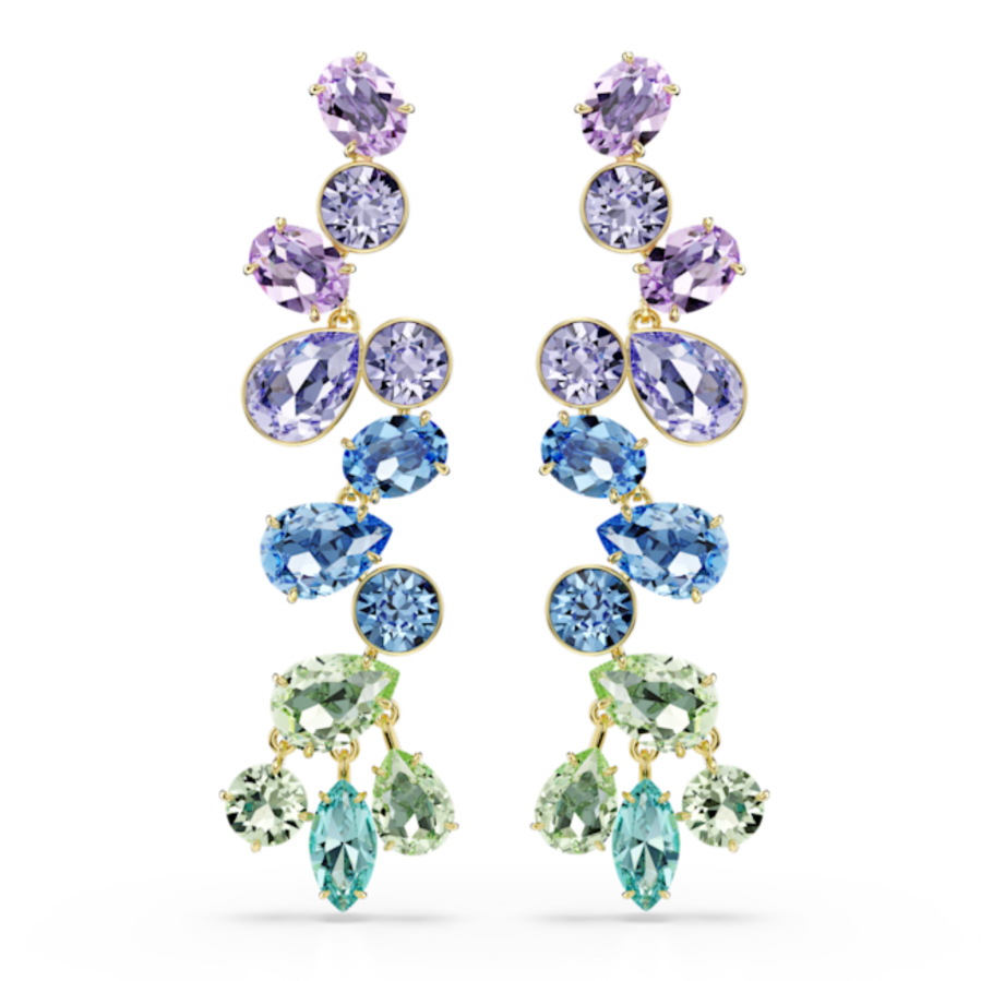 Resim Gema damla küpeler, Karışık kesim, Avize, Uzun, Çok renkli, Altın rengi kaplama