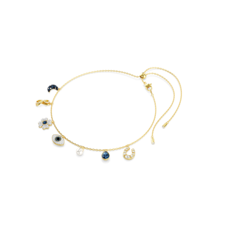 Resim Symbolica Gerdanlık, Kristal inci, Ay, sonsuzluk, yonca, nazarlık ve at nalı, Mavi, Altın rengi kaplama