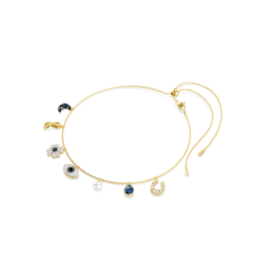 Resim Symbolica Gerdanlık, Kristal inci, Ay, sonsuzluk, yonca, nazarlık ve at nalı, Mavi, Altın rengi kaplama