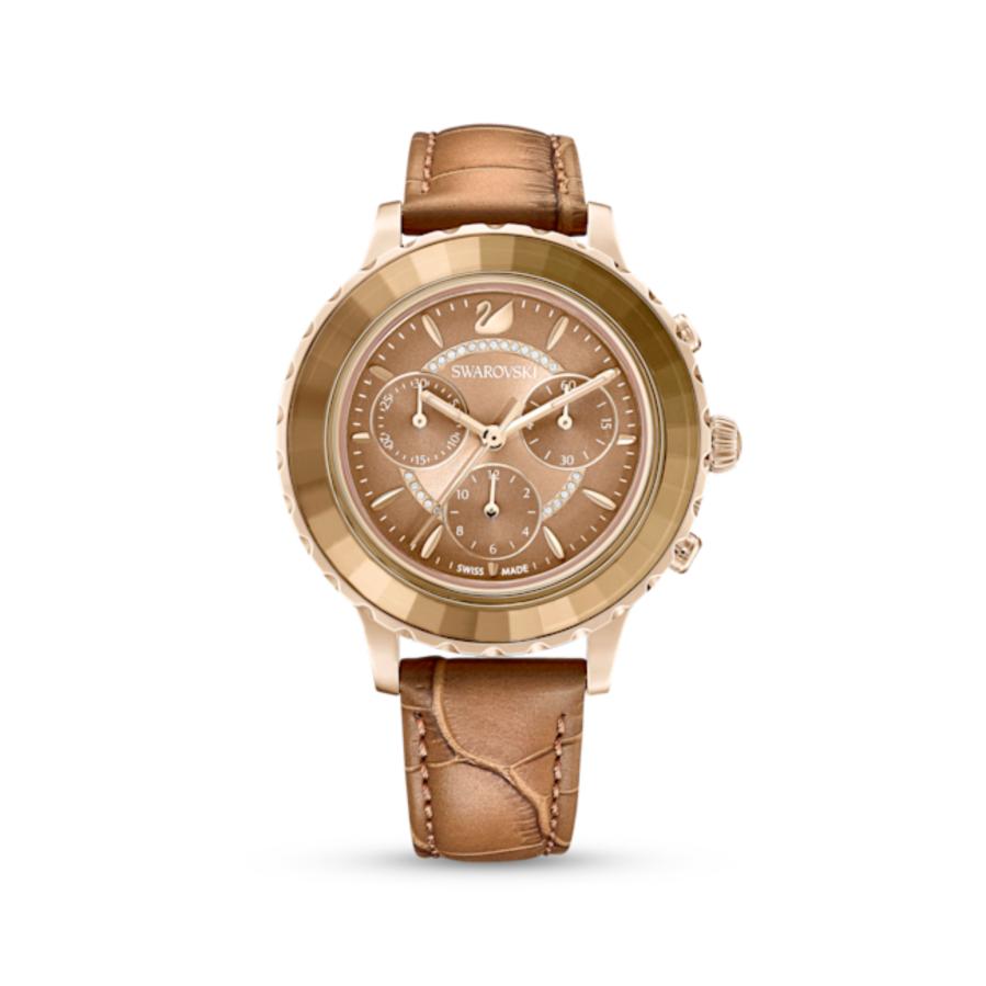 Resim Octea lux chrono Saat, İsviçre Üretimi, Deri kayış, Kahverengi, Altın rengi yüzey