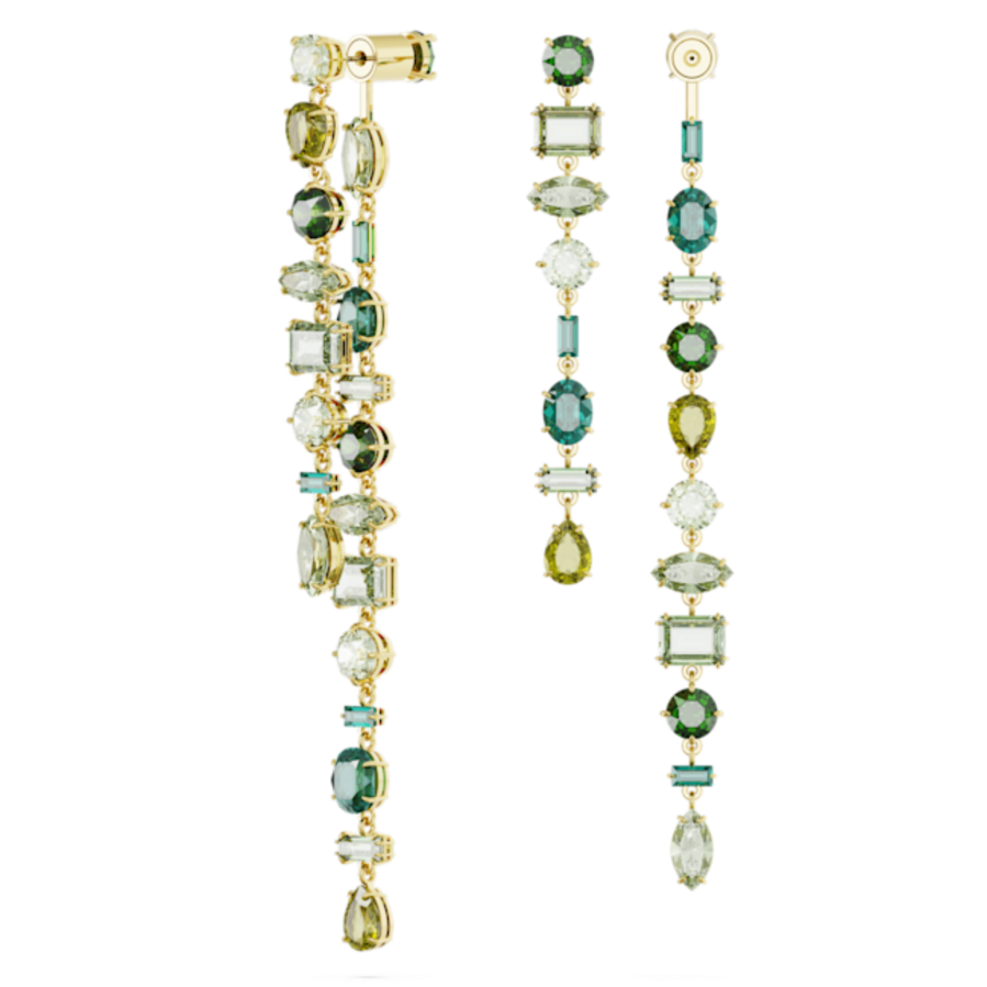 Resim Gema damla küpeler, Asimetrik tasarım, Karışık kesimler, Ekstra uzun, Yeşil, Altın rengi kaplama