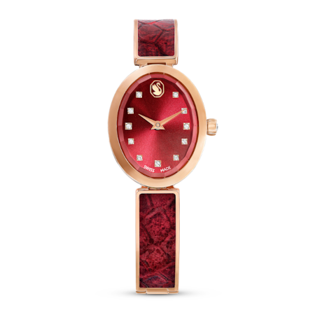 Resim Crystal Rock oval Saat, İsviçre Üretimi, Metal bileklik, Kırmızı, Pembe altın rengi yüzey