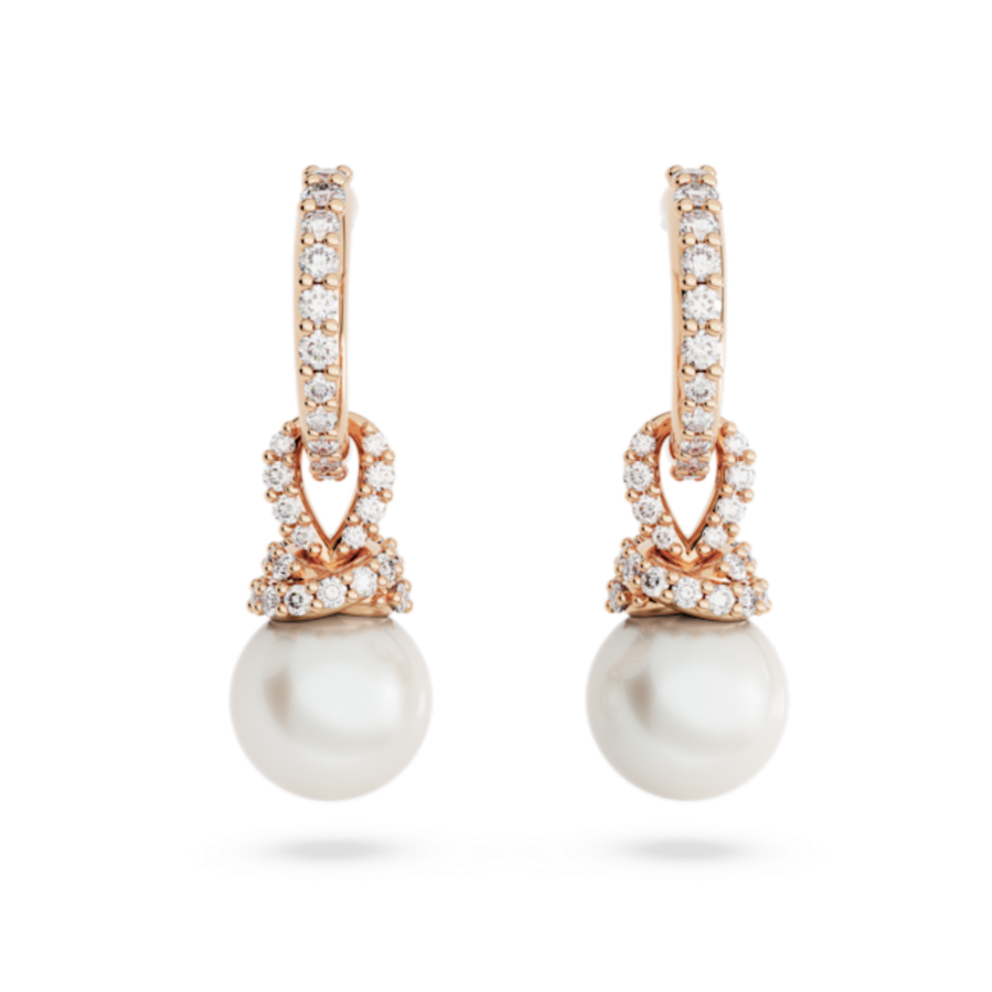 Resim Originally damla küpeler, Kristal inci, Beyaz, Pembe altın rengi kaplama