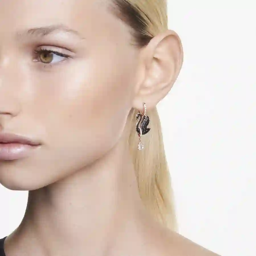 Resim Swan damla küpeler, Kuğu, Siyah, Pembe altın rengi kaplama