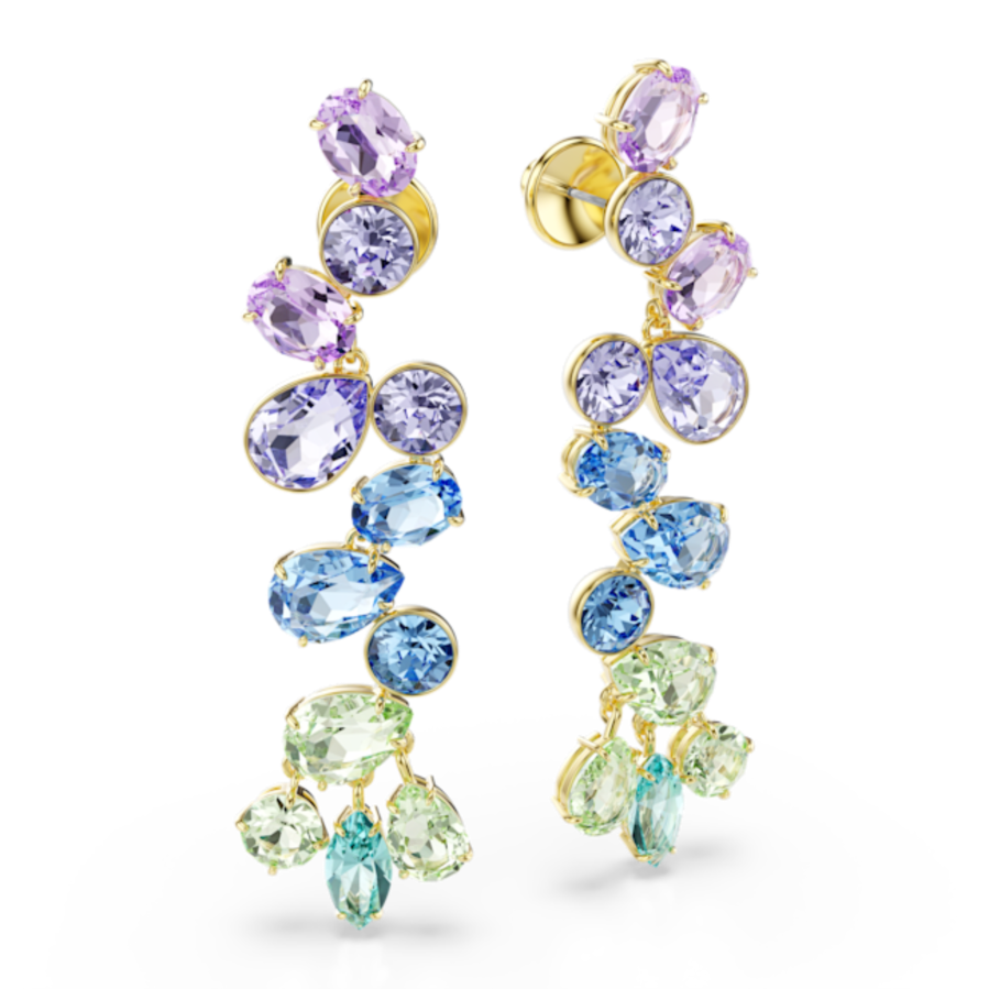 Resim Gema damla küpeler, Karışık kesim, Avize, Uzun, Çok renkli, Altın rengi kaplama