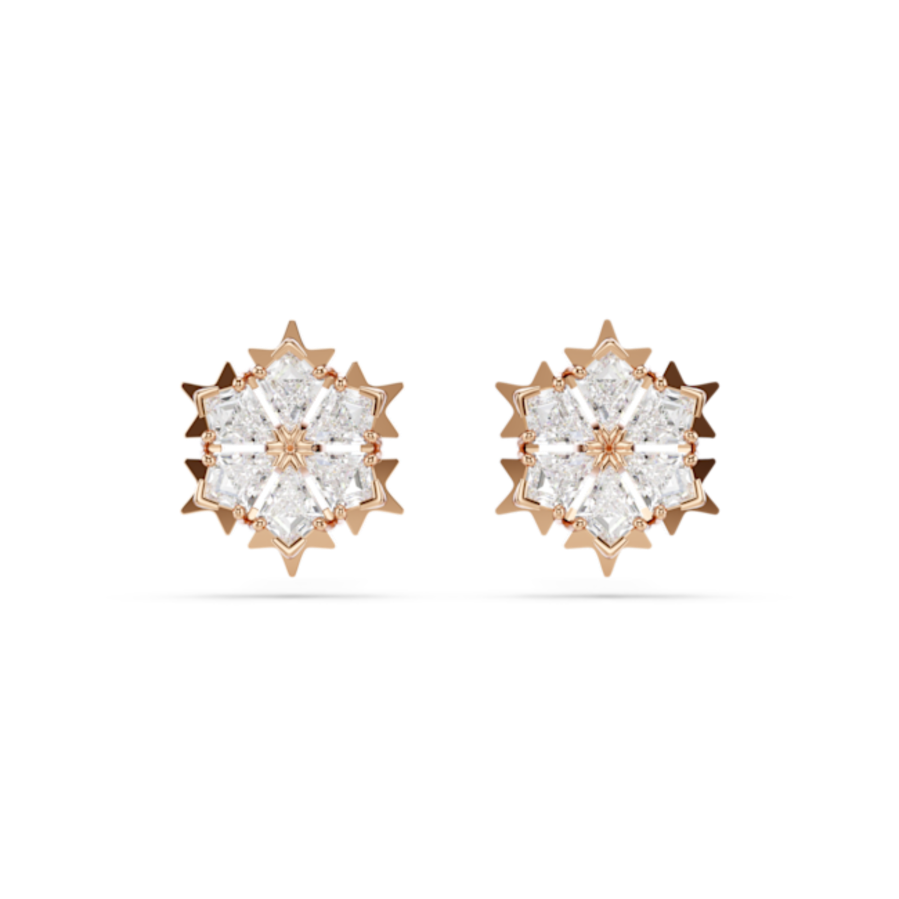 Resim Magic düğme Küpeler, Kar tanesi, Beyaz, Pembe altın rengi kaplama