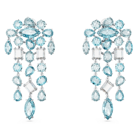 Resim Gema Klipsli Küpeler, Karışık kesim, Avize, Ekstra uzun, Mavi, Rodyum kaplama