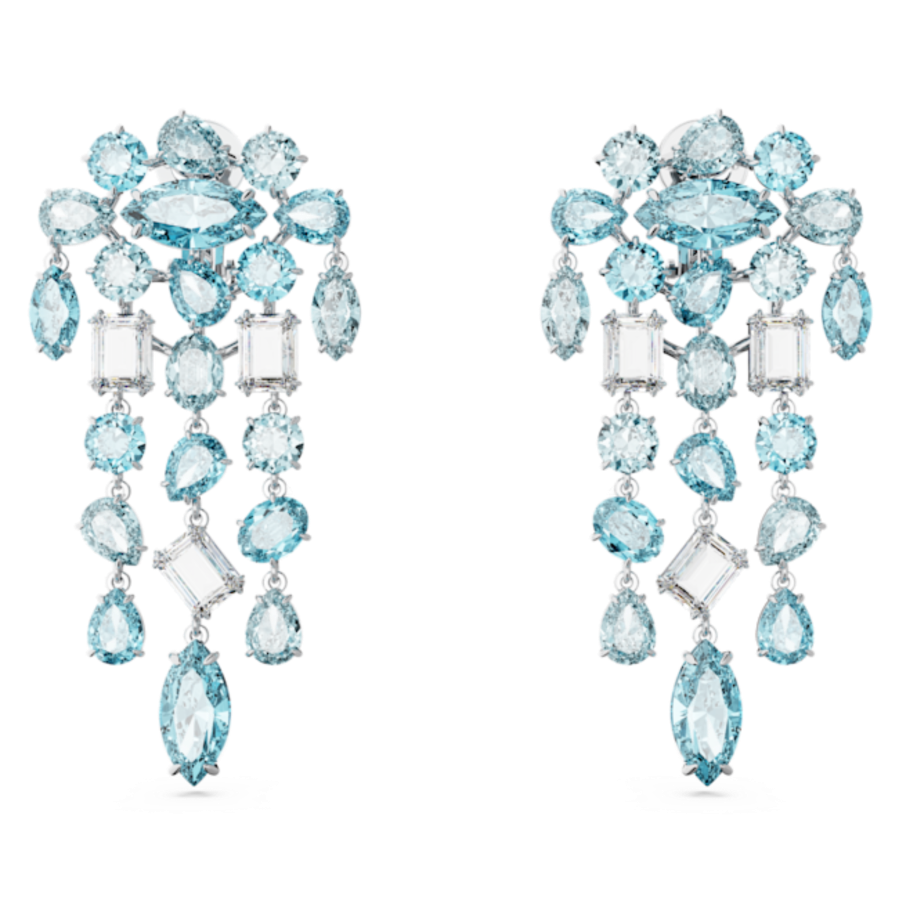 Resim Gema Klipsli Küpeler, Karışık kesim, Avize, Ekstra uzun, Mavi, Rodyum kaplama